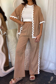 Camel linen blend outfit set with scalloped white trim, half-sleeve top and wide-leg pants