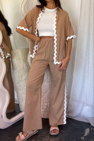 Camel linen blend outfit set with scalloped white trim, half-sleeve top and wide-leg pants