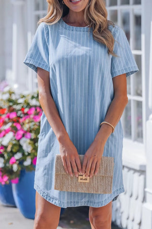 Denim mini dress with vertical white stripes, short sleeves, and a crew neck.