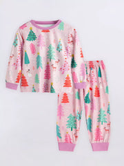 Baby pajama set in light yellow with Christmas trees, snowmen, and deer print. Long sleeves, crew neck, elastic waist pants.