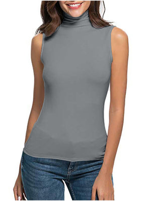 Sleek grey sleeveless turtleneck t-shirt with a high neckline.