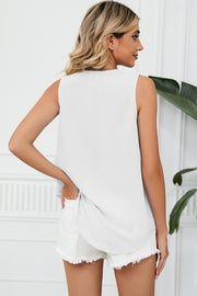 White V-neck tank top with lace trim, sleeveless, casual style