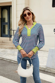 Striped long sleeve blouse with lime green trim and cuffs, V-neck with buttons.