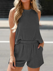Dark Gray ribbed sleeveless coord set with elastic waist shorts and pockets.