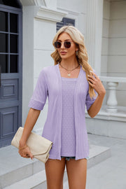 Layered knit square neck top in lavender with short sleeves and open front cardigan.