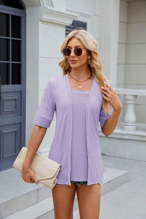 Layered knit square neck top in lavender with short sleeves and open front cardigan.