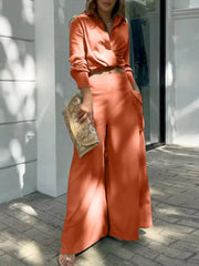 Ochre two-piece set with pocketed wide-leg pants and a collared crop top.