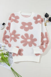Textured floral knit pullover sweater in white with pink fuzzy flowers.