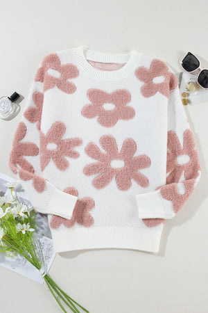 Textured floral knit pullover sweater in white with pink fuzzy flowers.