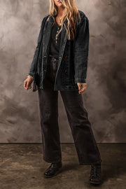 Double-breasted dark wash denim blazer with button closure and notched lapels.