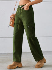 Army green denim cargo pants with drawstring waist and buttoned flap pockets.
