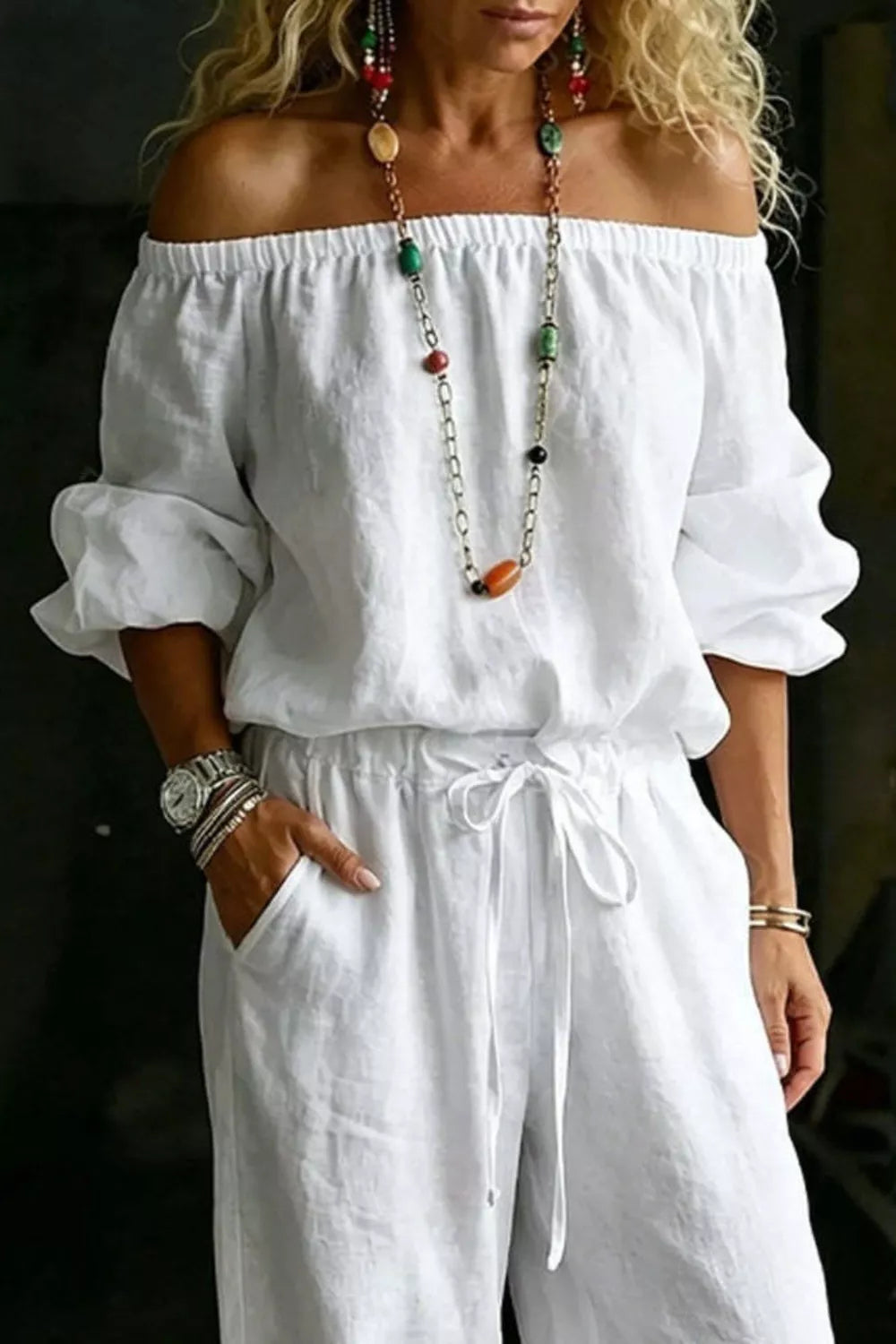 White off-shoulder two-piece set with drawstring waist and puff sleeves