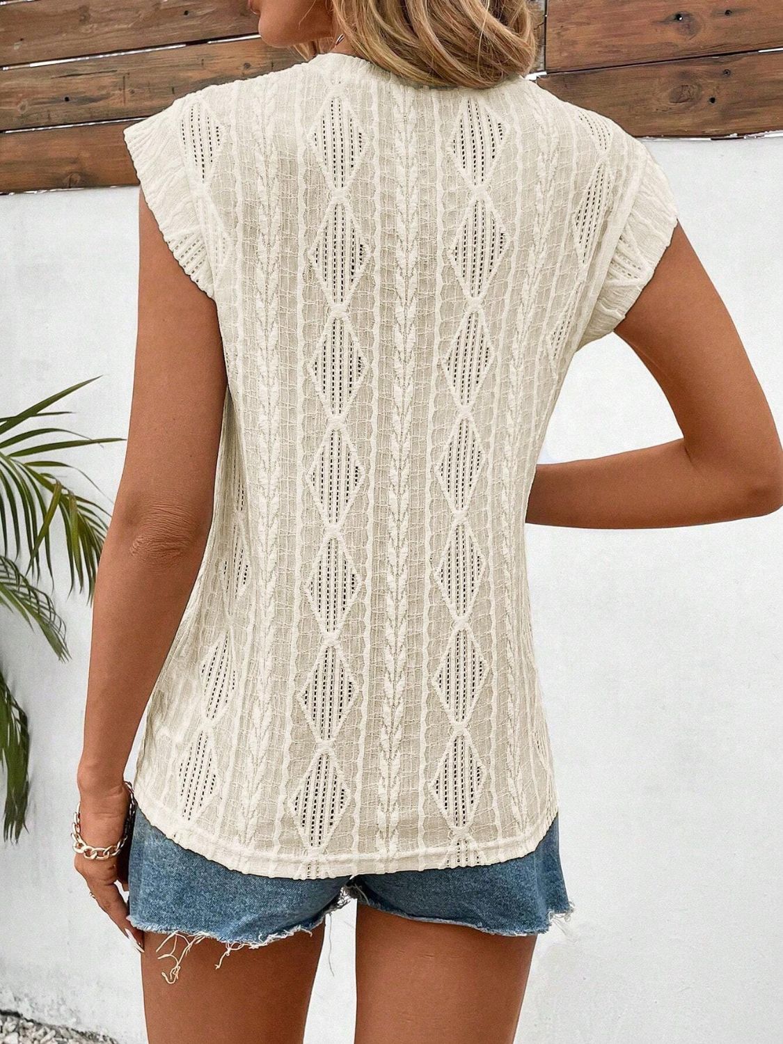 Beige diamond knit flutter sleeve top with open weave detail