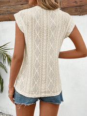 Beige diamond knit flutter sleeve top with open weave detail