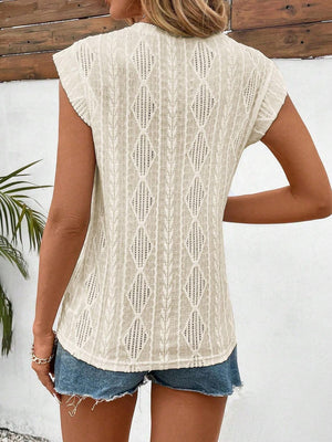 Beige diamond knit flutter sleeve top with open weave detail