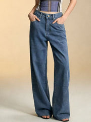 Maternity wide-leg jeans in blue cotton blend with a high waist and pockets.