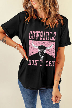 Black graphic tee with distressed cowgirl skull and text print