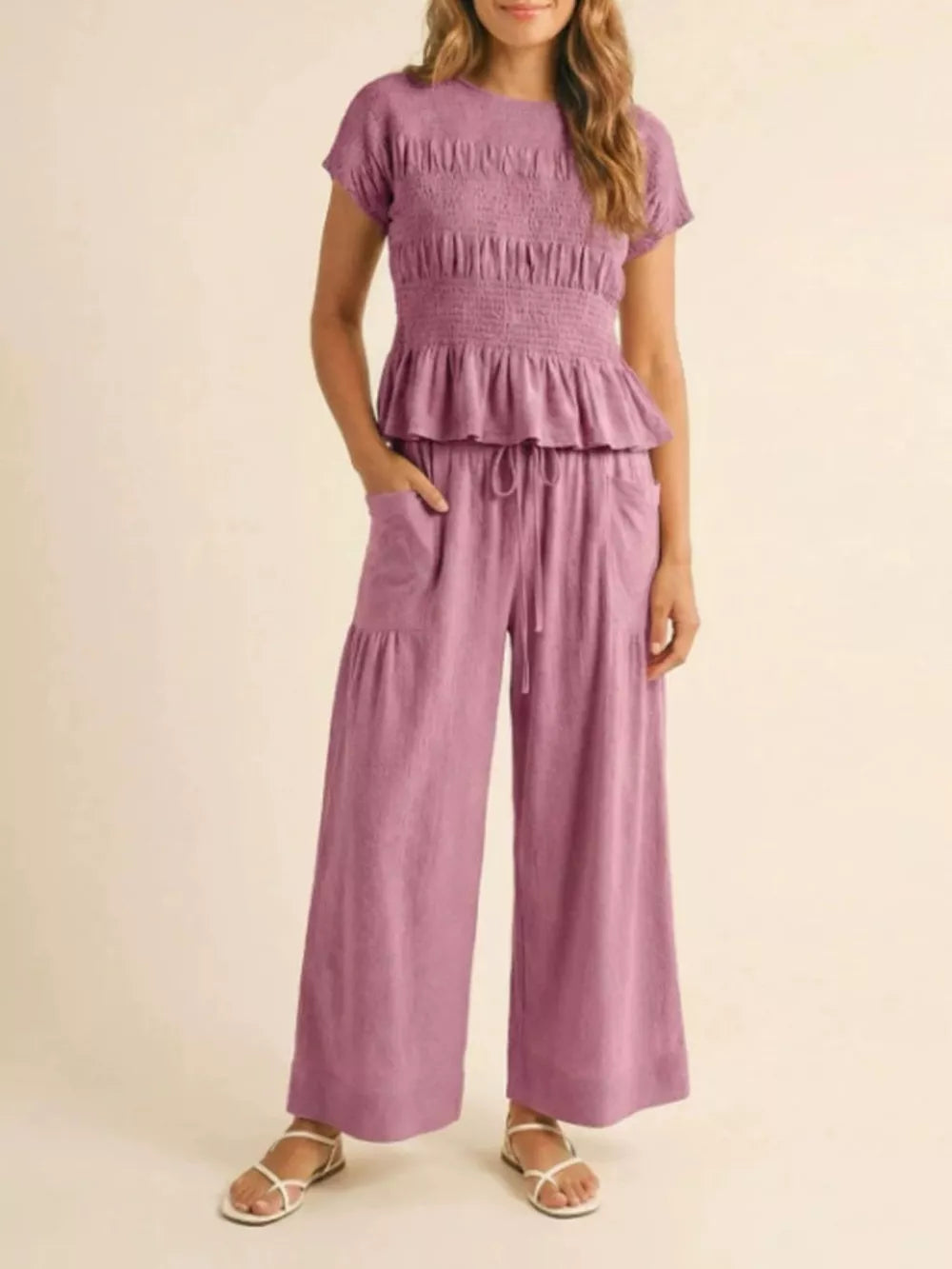 Smocked Peplum Top And Wide-leg Pants Set in Terracotta, alternate angle
