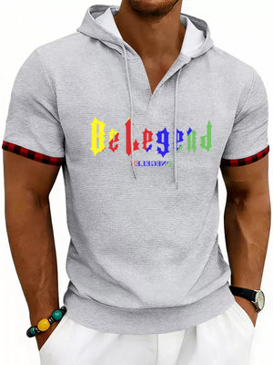 Men's Full Size Letter Graphic Short Sleeve Hooded Top in Royal Blue, fit detail