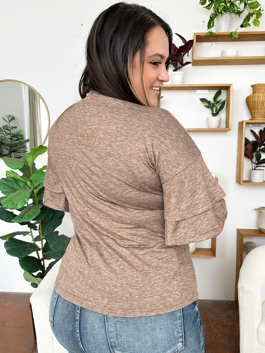 Tiered sleeve jersey tee in mocha with a relaxed fit and crew neck.
