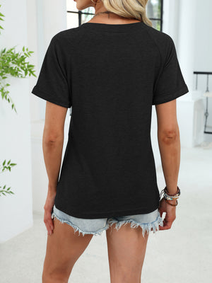 Black ruched V-neck short sleeve t-shirt with elastane, cuffed sleeves.