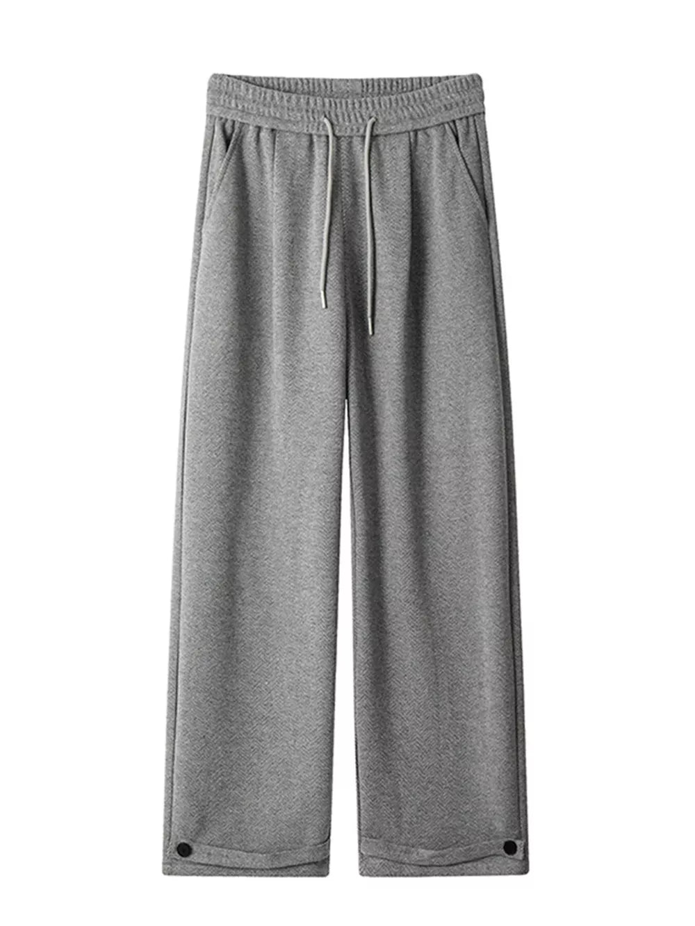 Relaxed fit grey herringbone sweatpants for men with drawstring and ankle cuffs.