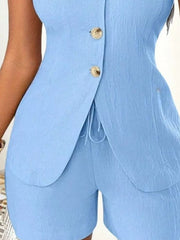 Sky blue button-down vest and shorts set with drawstring waist and gold buttons.