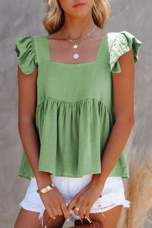 Light green linen babydoll top with flutter sleeves and square neckline