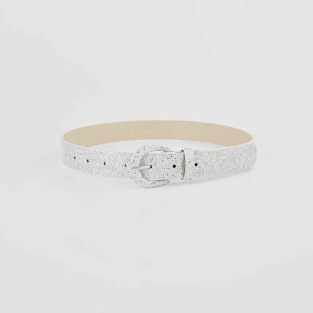 Silver glitter micro-studded belt with a matching buckle