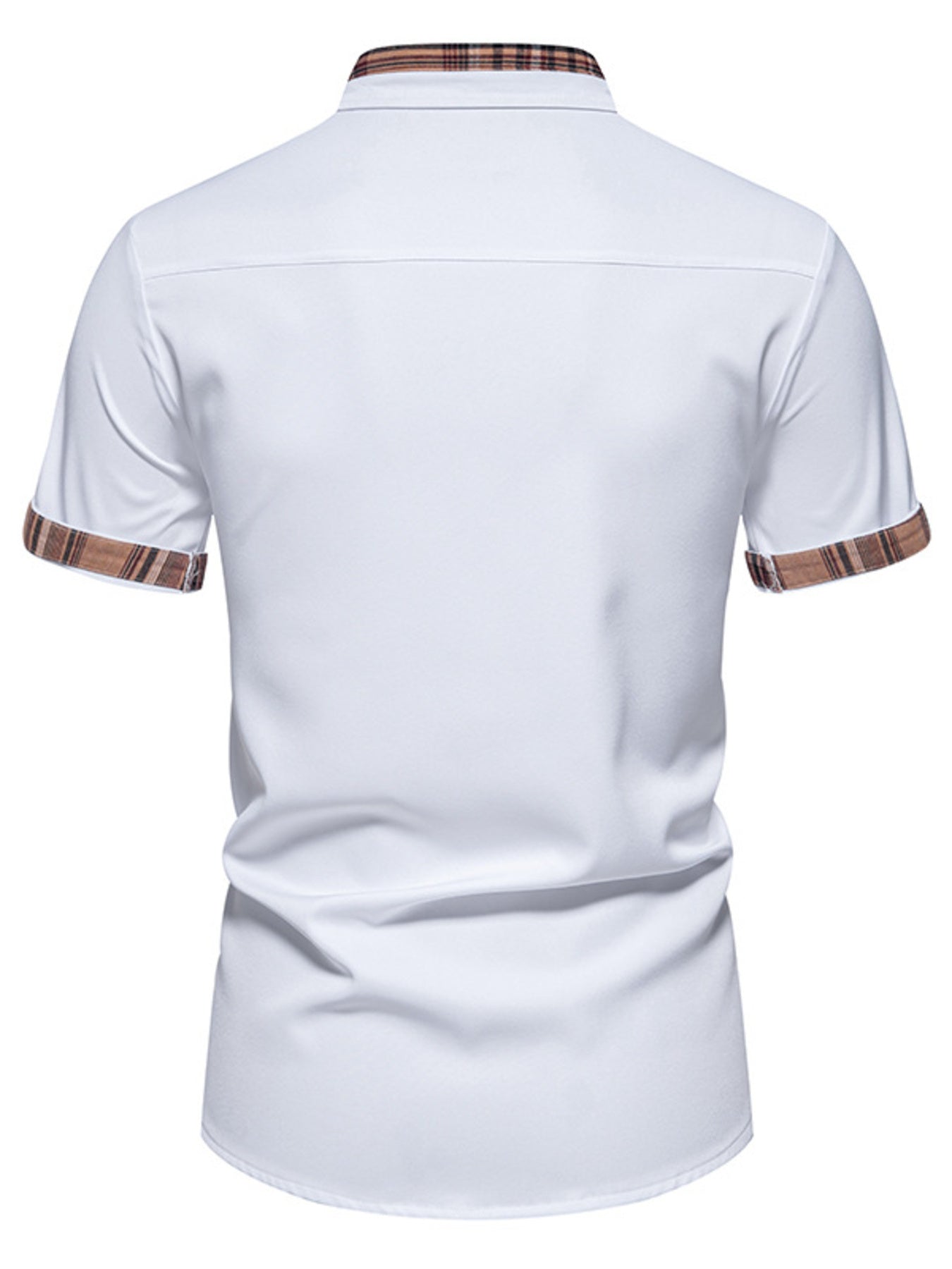 White cotton short sleeve shirt with plaid collar and cuffs
