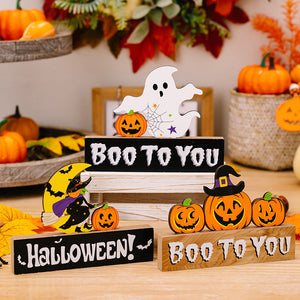 Halloween wood signs with ghost, pumpkins, witch, and text.