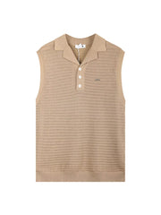 Camel knit polo collar tank top with button placket and open knit texture.