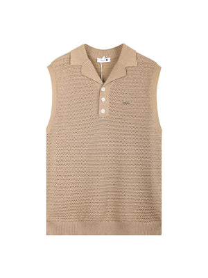 Camel knit polo collar tank top with button placket and open knit texture.