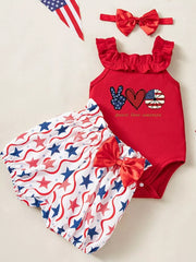 Red patriotic baby set with ruffled neckline, star print bloomer shorts, and bow headband.