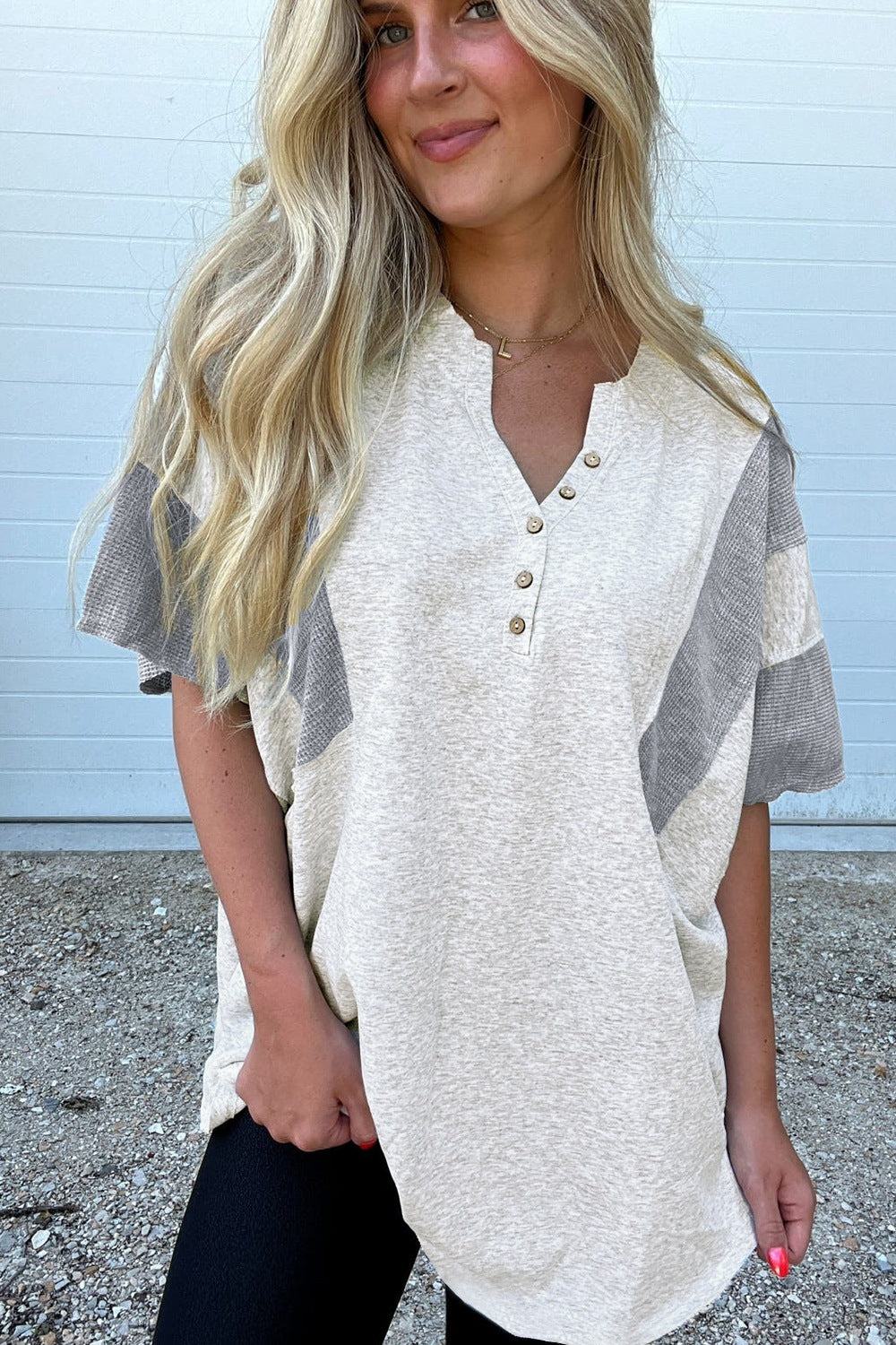 Colorblock waffle knit henley top in gray with button detail