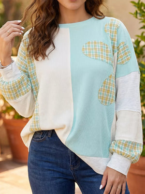 Plaid Patchwork Round Neck Long Sleeve Top in Mint Blue, side view