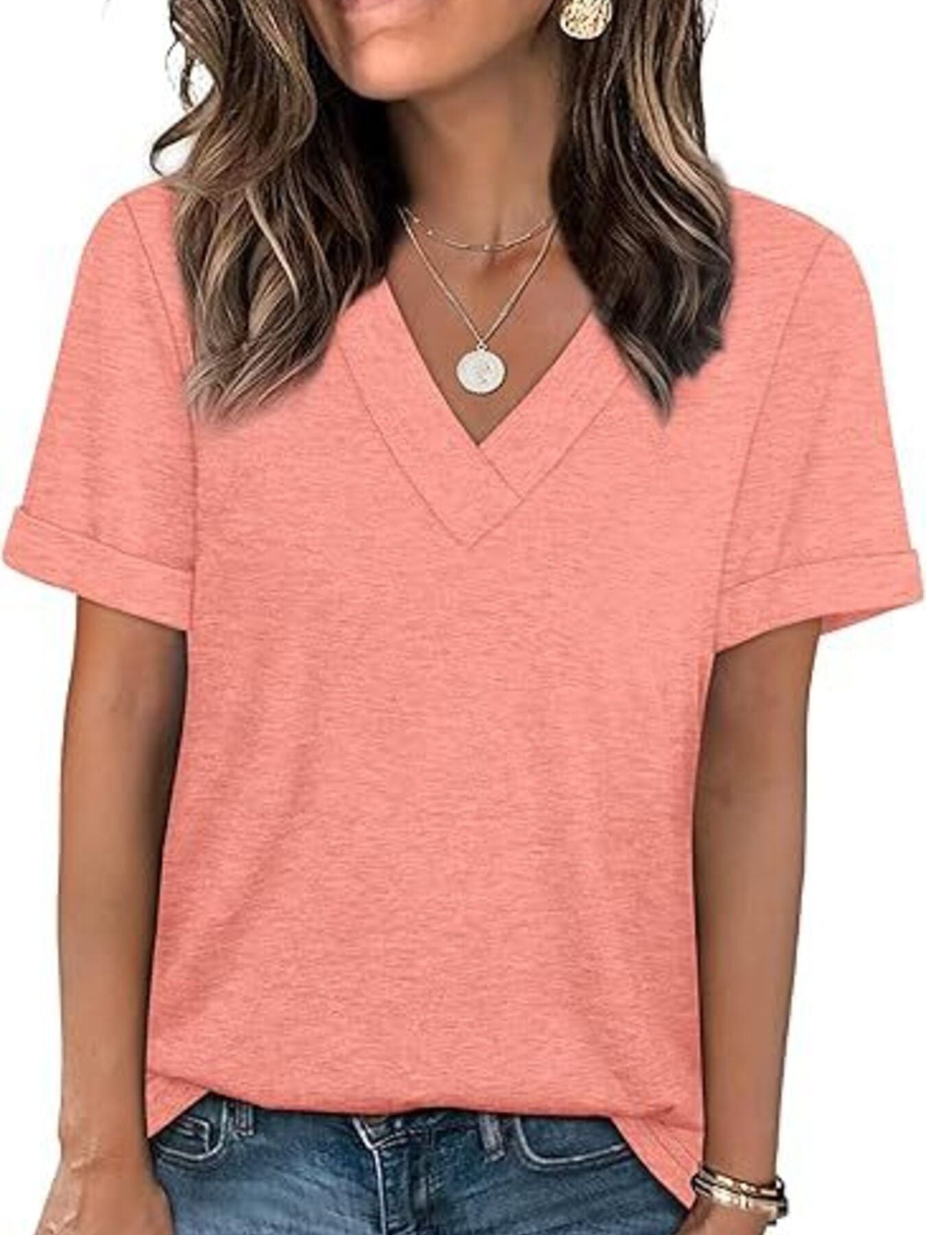 Pink v-neck t-shirt with cuffed short sleeves and a relaxed fit.