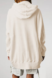 Beige waffle knit hooded zip-through jacket with a relaxed fit.