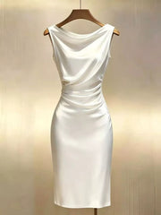 White satin cowl neck midi dress with ruched waist detail
