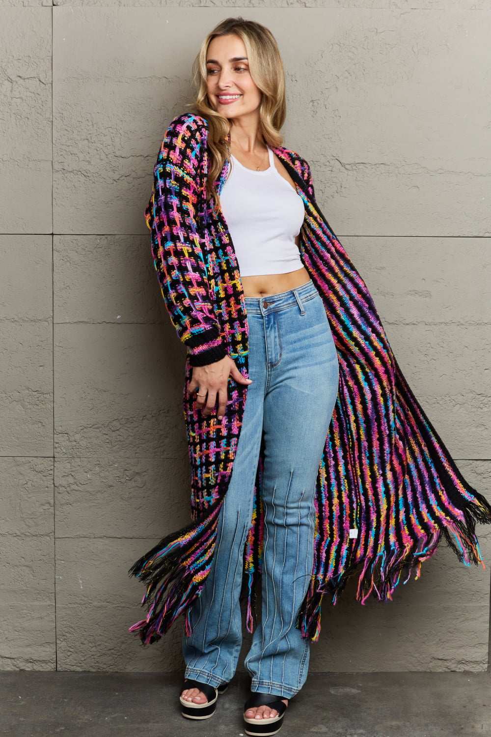 Chromatic crochet maxi cardigan with fringe, featuring a multi-color plaid pattern and acrylic material.