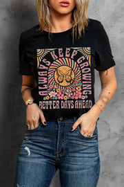 Black graphic tee with butterfly and floral design, "Always Keep Growing Better Days Ahead" text.