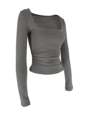 Gray long sleeve t-shirt with square neckline and ruched side detail