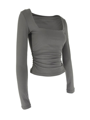 Gray long sleeve t-shirt with square neckline and ruched side detail