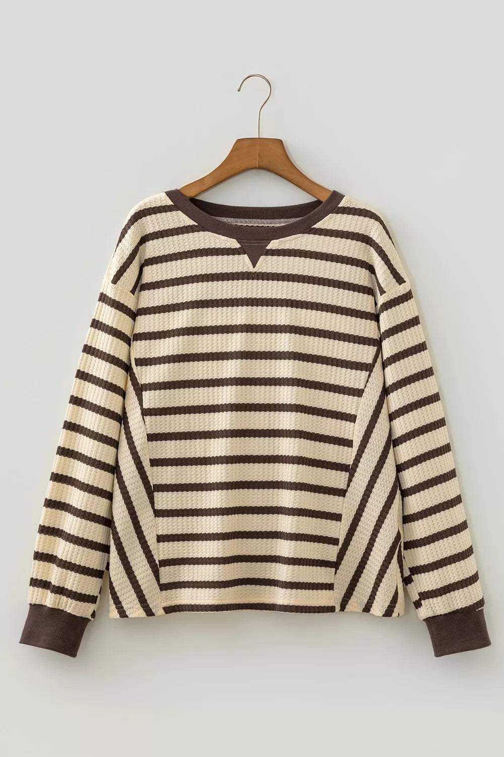 Stripe Patchwork Ribbed Cuff Pullover Sweatshirt in Beige, alternate angle
