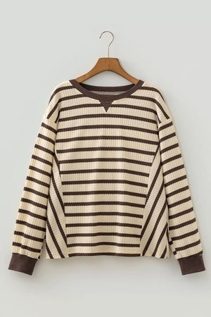 Stripe Patchwork Ribbed Cuff Pullover Sweatshirt in Beige, alternate angle