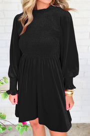 Black velvet mini dress with smocked bodice, mock neck, and puff sleeves.