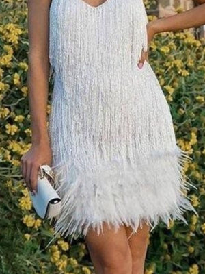 White mini dress with fringe and feather trim, V-neck, sleeveless.