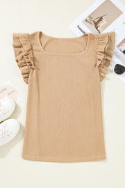 Tan textured square neck top with ruffled cap sleeves.