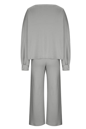 Light gray loungewear set with balloon sleeves and wide-leg pants
