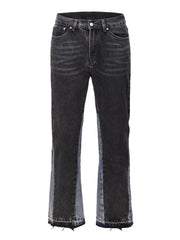Two-tone dark wash denim bootcut jeans with raw hem